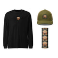 Desert Morning Bundle: black Desert Badge long sleeve tee, olive Desert Ride trucker cap and Desert Rider neck gaiter