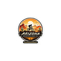 AZMTBCo Logo Sticker, round Arizona Mountain Bike Co. sunset badge kiss-cut sticker with the @arizonamountainbikeco handle, 3 inch