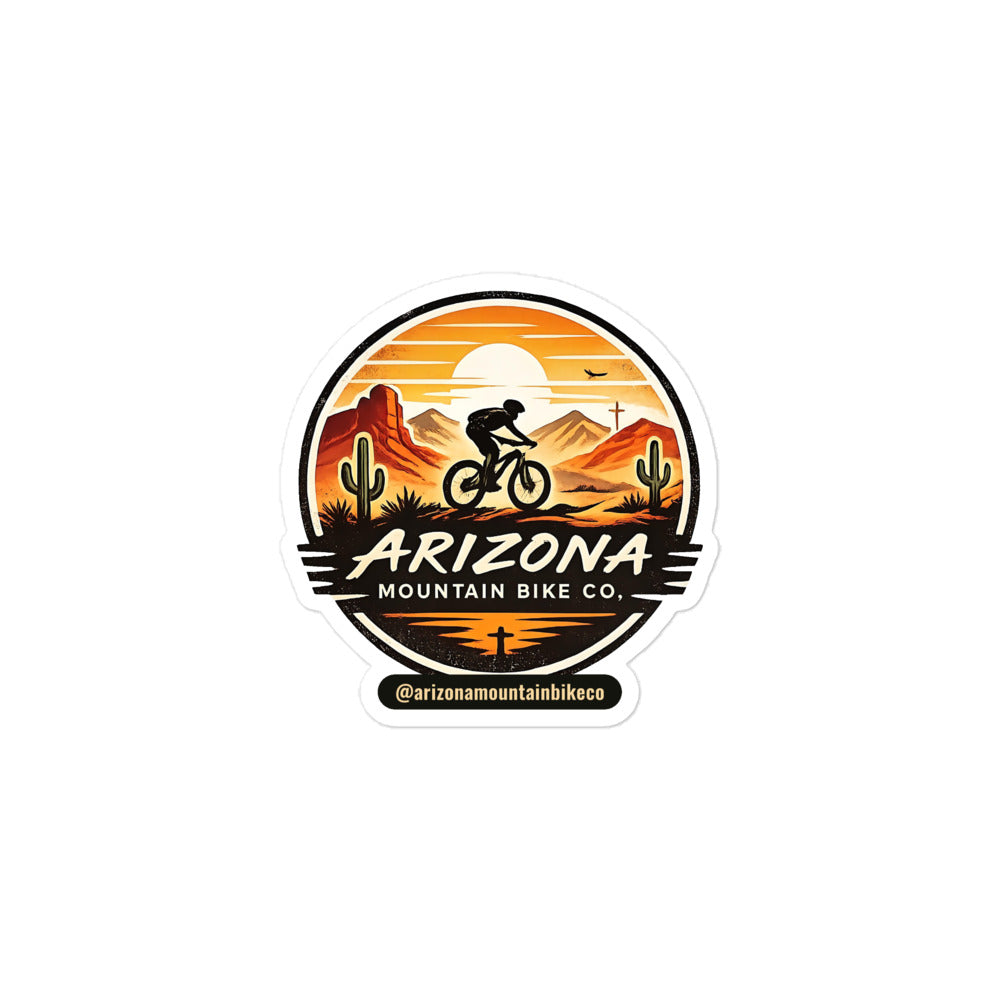 AZMTBCo Logo Sticker, round Arizona Mountain Bike Co. sunset badge kiss-cut sticker with the @arizonamountainbikeco handle, 3 inch