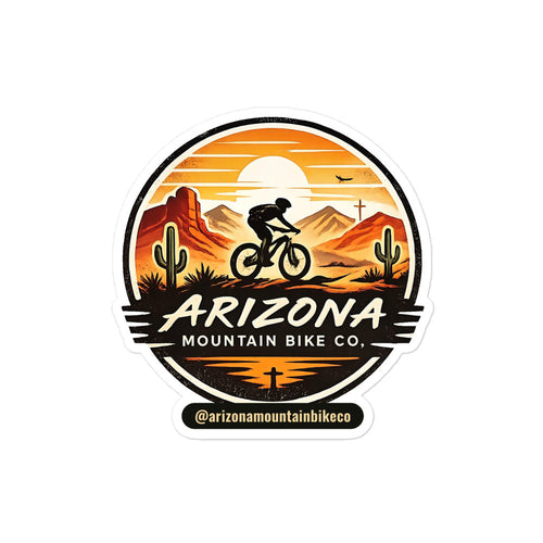 AZMTBCo Logo Sticker, round Arizona Mountain Bike Co. sunset badge kiss-cut sticker with the @arizonamountainbikeco handle, 4 inch