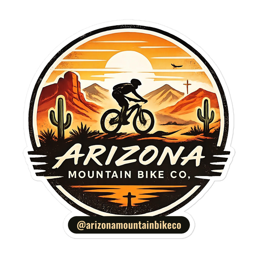 AZMTBCo Logo Sticker, round Arizona Mountain Bike Co. sunset badge kiss-cut sticker with the @arizonamountainbikeco handle, 5.5 inch